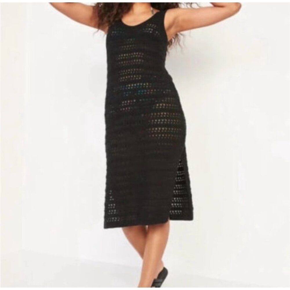 Cotton Crochet Knit Midi Dress Black Size 8/10